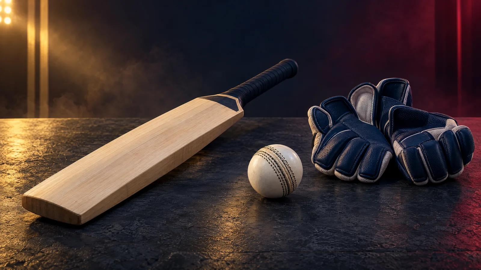 Original illustration of an unbranded willow bat, white cricket ball and navy gloves in burgundy-gold studio light; not actual players or stadium photography.