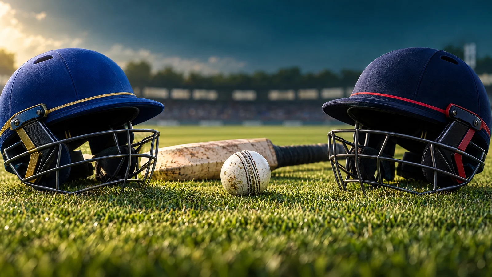 Unbranded blue and navy cricket helmets with gold and red accents beside a white ball and bat in afternoon light; original editorial illustration, not a match or player photograph.