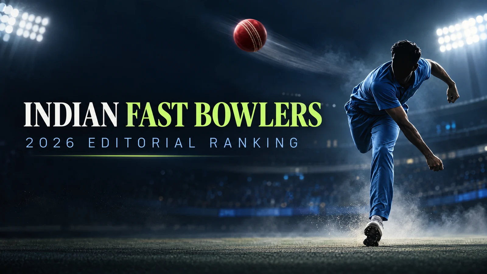 Illustrated Indian fast bowlers preparing for a cricket match under stadium floodlights.
