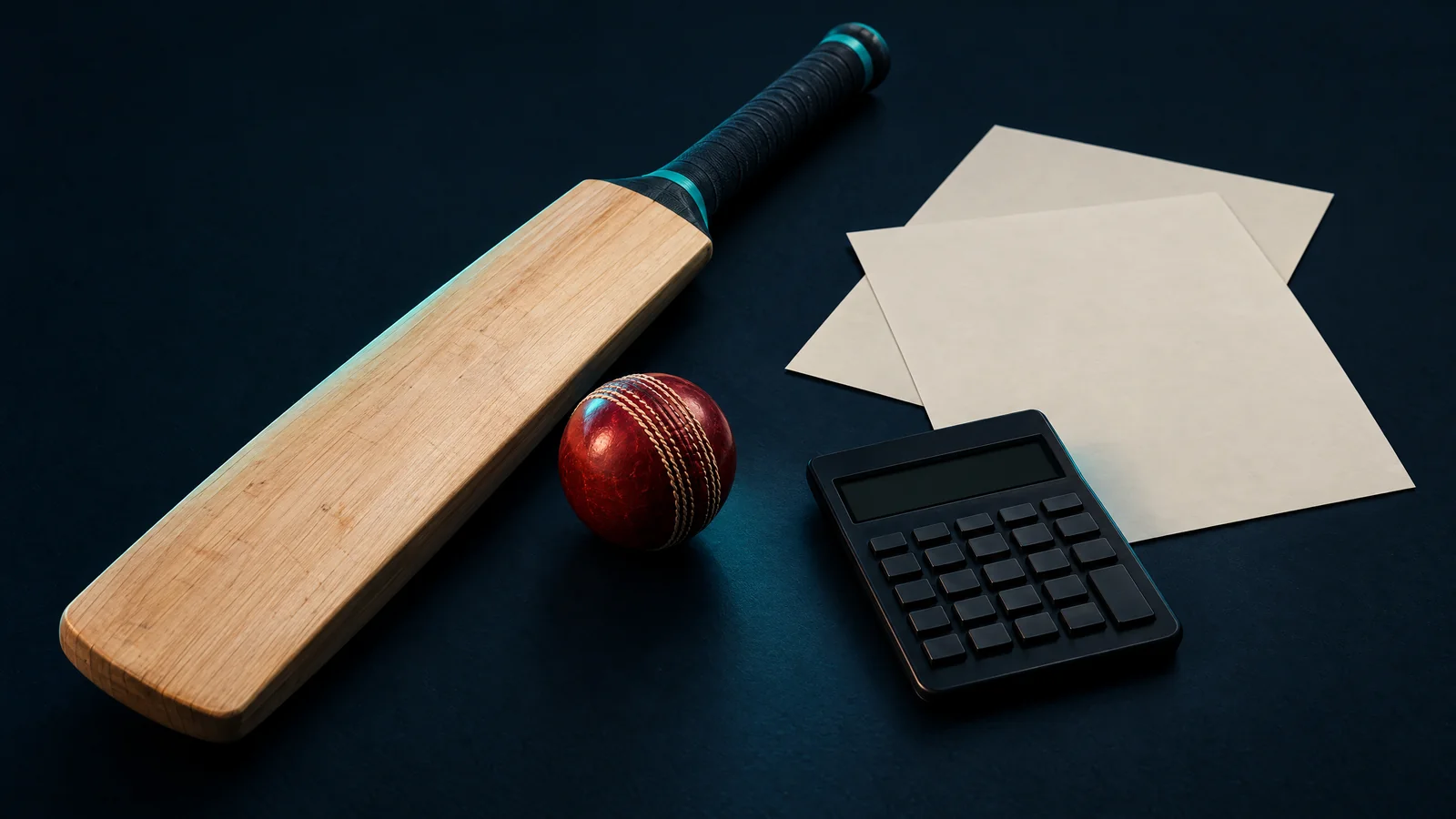 Illustration of a cricket bat and red ball beside a calculator and blank research papers on a dark desk.