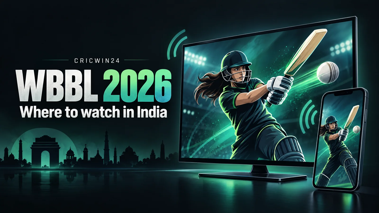 Original editorial illustration of a fictional woman cricketer displayed on a television and mobile phone