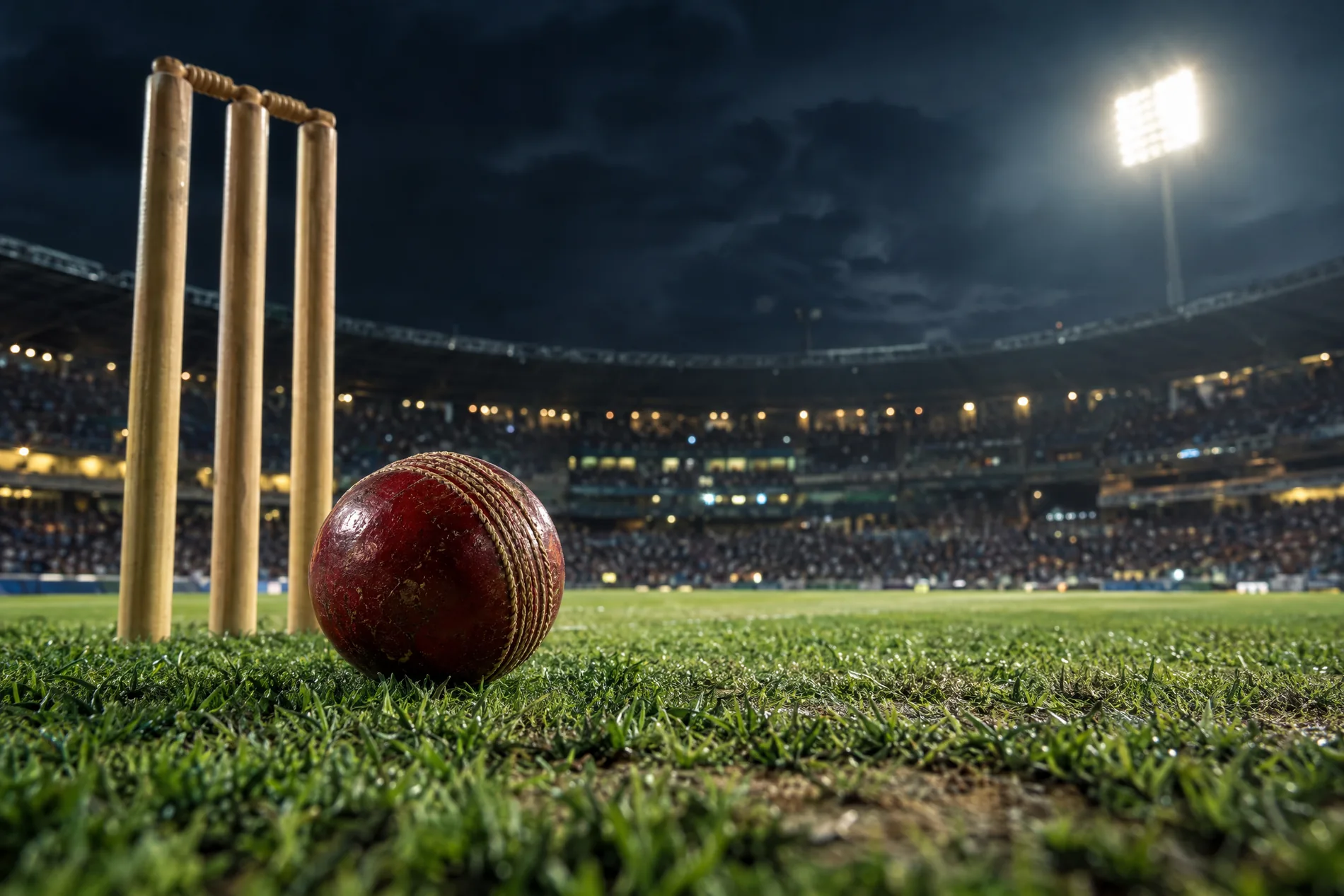 Illustrative close-up of cricket ball and stumps under floodlights
