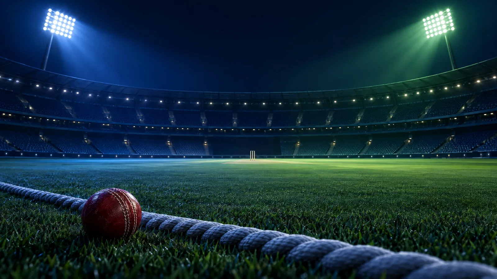 Original conceptual illustration of an empty cricket ground with blue and green floodlights; not a photograph of Sharjah or a confirmed lineup
