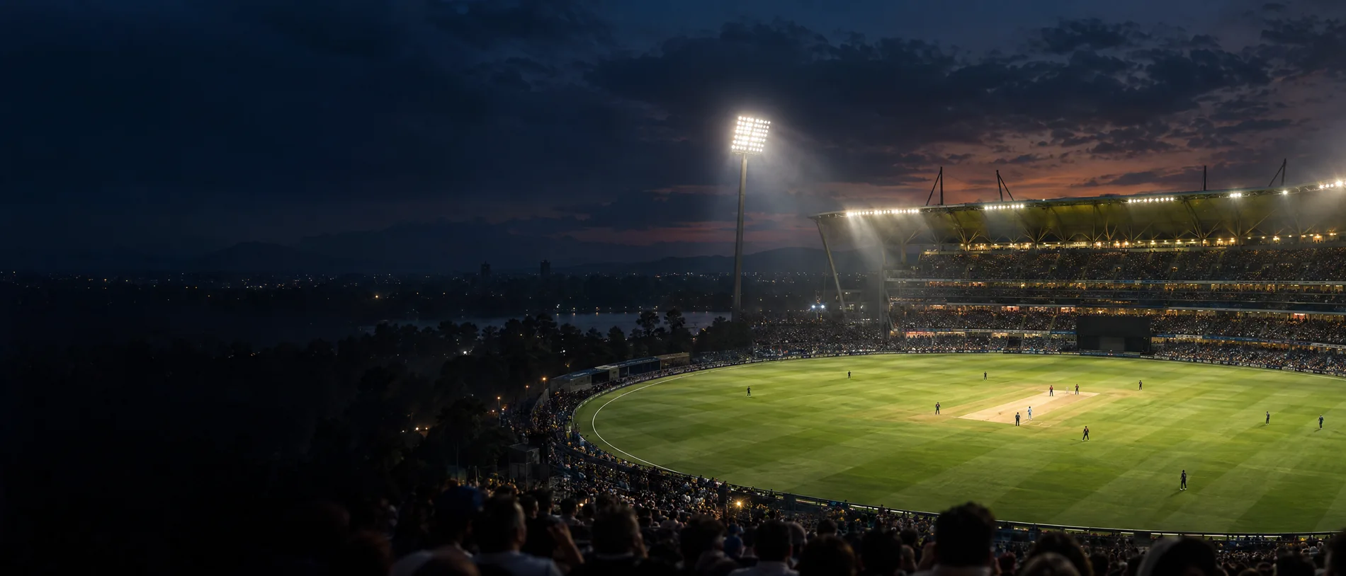 Original conceptual artwork of a floodlit cricket stadium, not a photograph of either WCL team or the Sharjah fixture