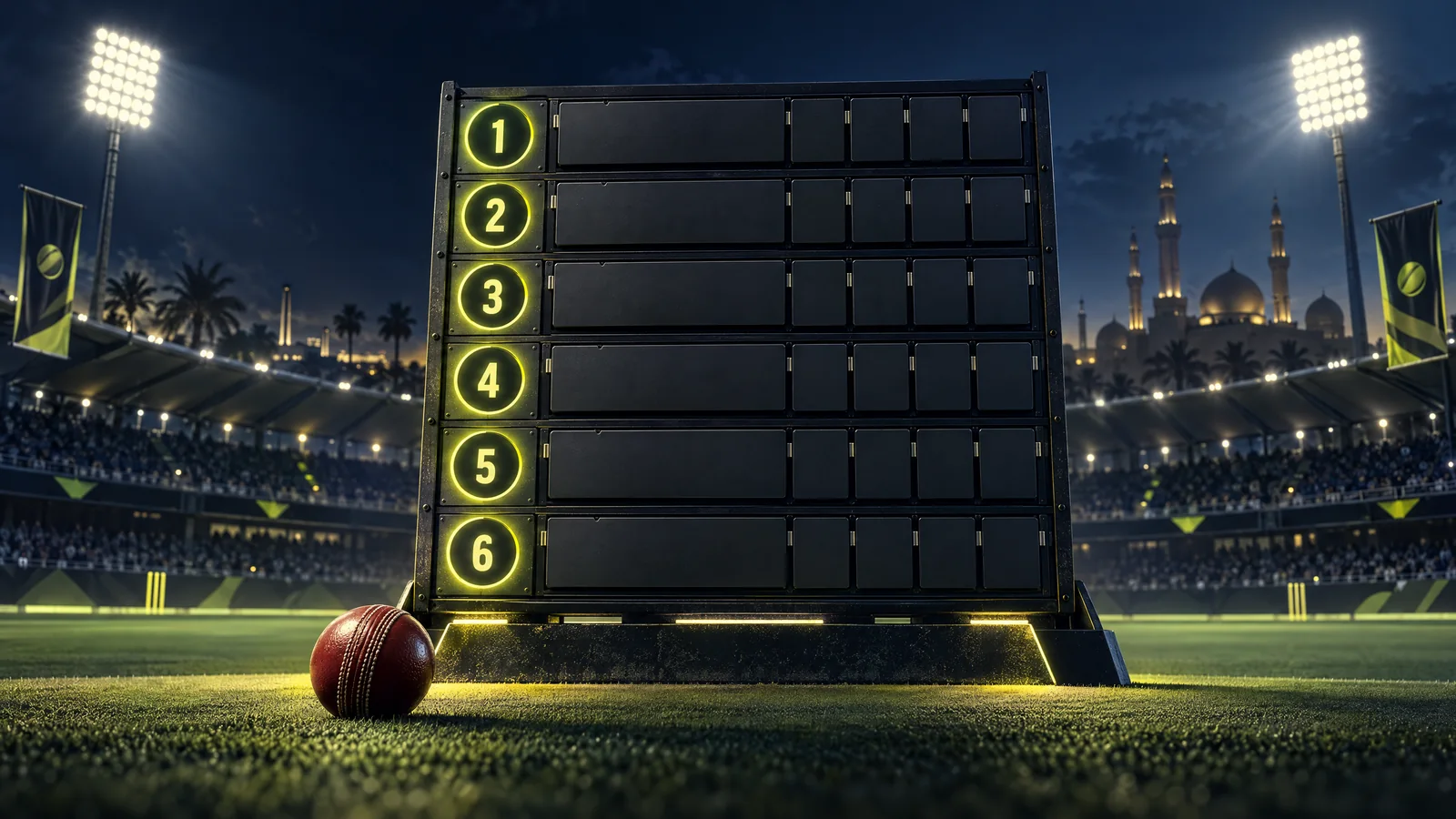 Original illustration of a blank six-row cricket standings board under floodlights; not an official WCL table or venue photograph
