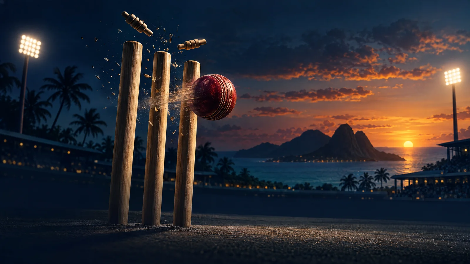 Original symbolic illustration of cricket stumps and a ball at sunset; not a photograph of the West Indies–England WCL match