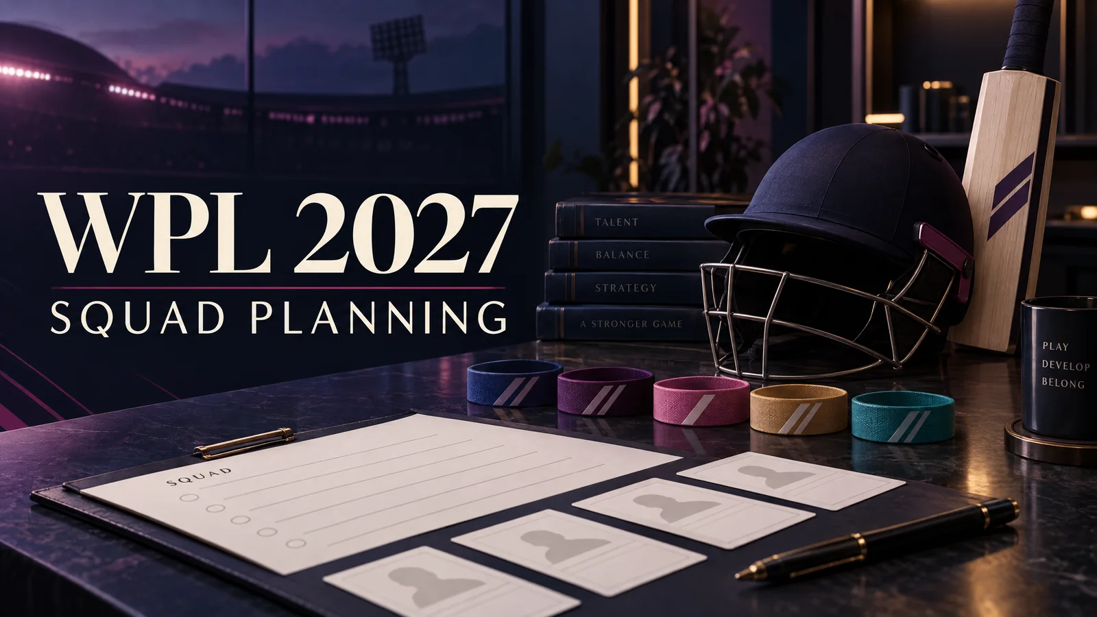 Illustrated cricket helmet, bat and blank roster cards for WPL 2027 squad planning
