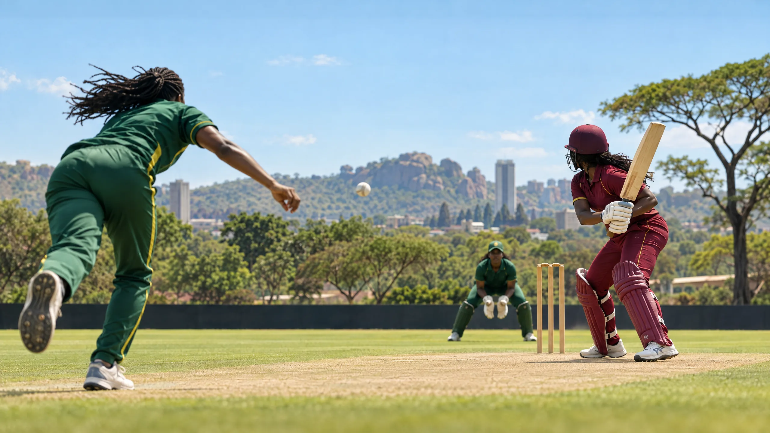 Illustration of anonymous women cricketers at a daylight ground, representing Zimbabwe Women versus West Indies Women
