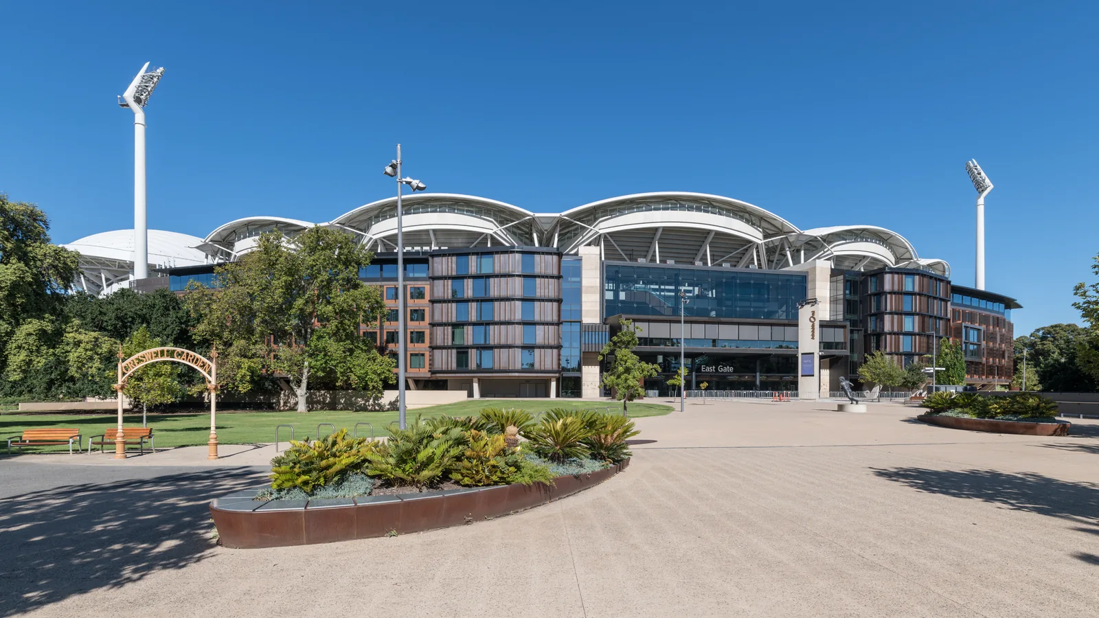East view of Adelaide Oval stadium beside the River Torrens in Adelaide