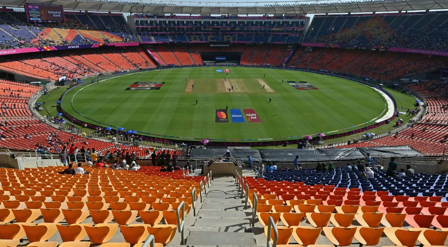 Archival photograph of Kotambi Stadium stands and outfield, Vadodara