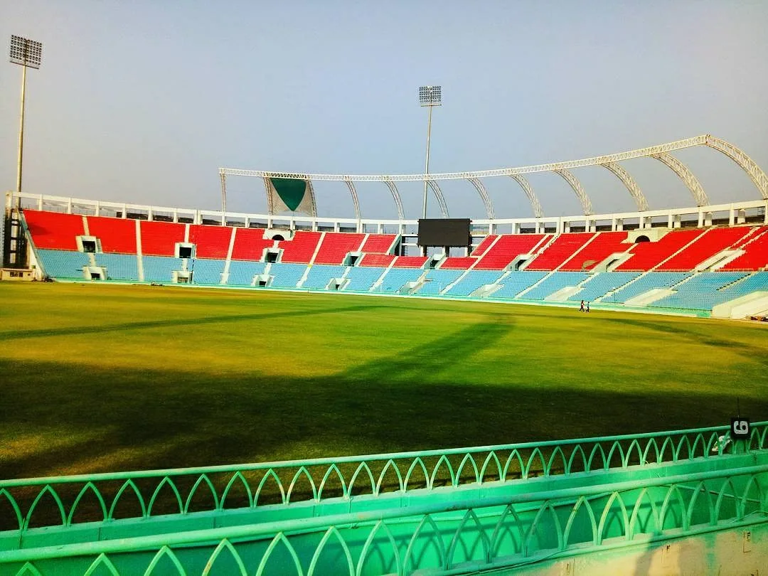 Archival view of the Ekana Stadium outfield and stands in 2017