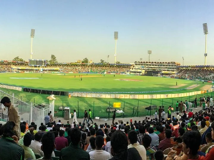 Archival May 2015 photograph of Gaddafi Stadium stands and outfield in Lahore before the 2025 renovation