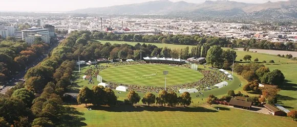 Aerial archive view of Hagley Oval and surrounding parkland, Christchurch