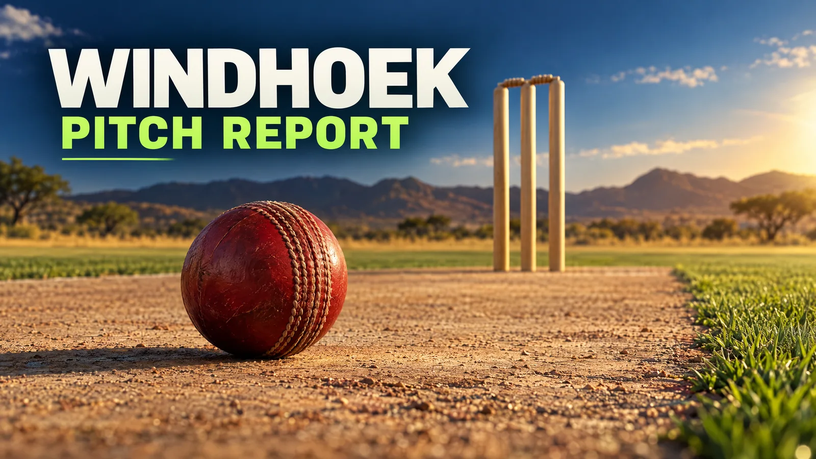 Original conceptual cricket ball, stumps and pitch illustration for a Windhoek guide; not a photograph of High Performance Oval