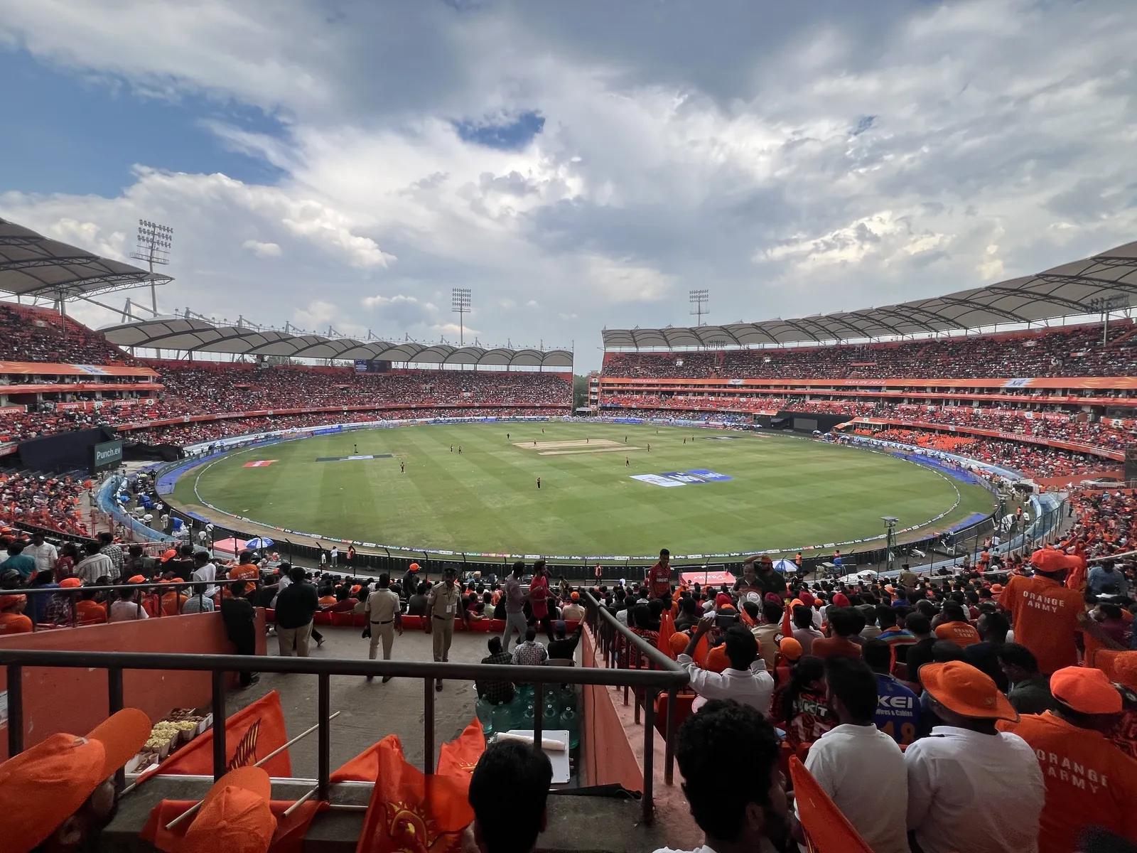 Rajiv Gandhi International Cricket Stadium stands and playing field in Uppal, Hyderabad, photographed on 19 May 2024