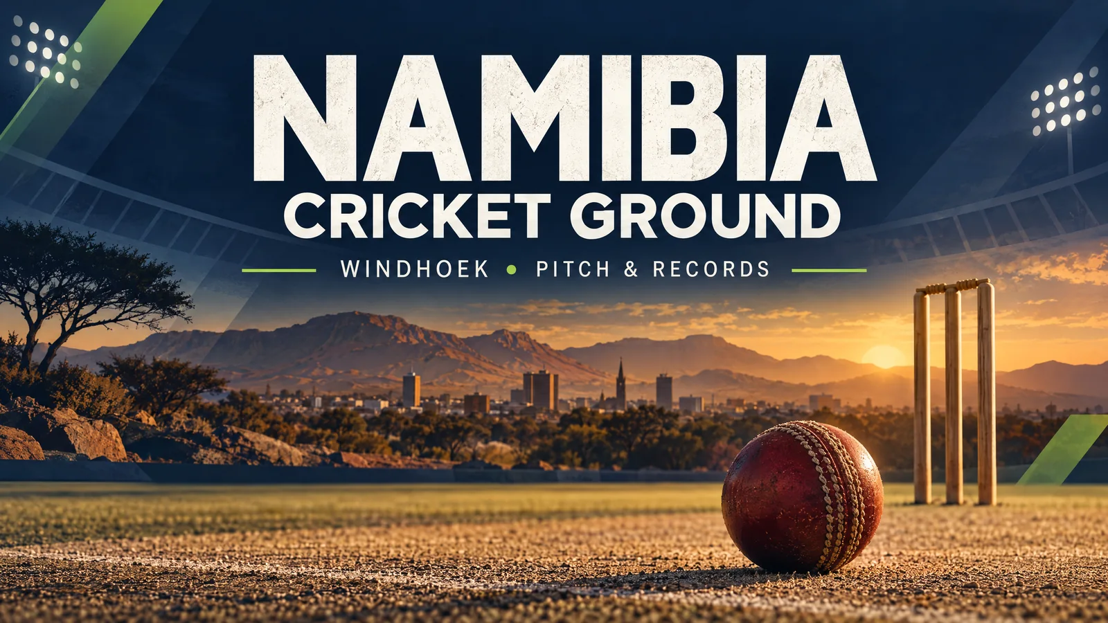 Original cricket-themed conceptual cover for Namibia Cricket Ground, not a photograph of the venue