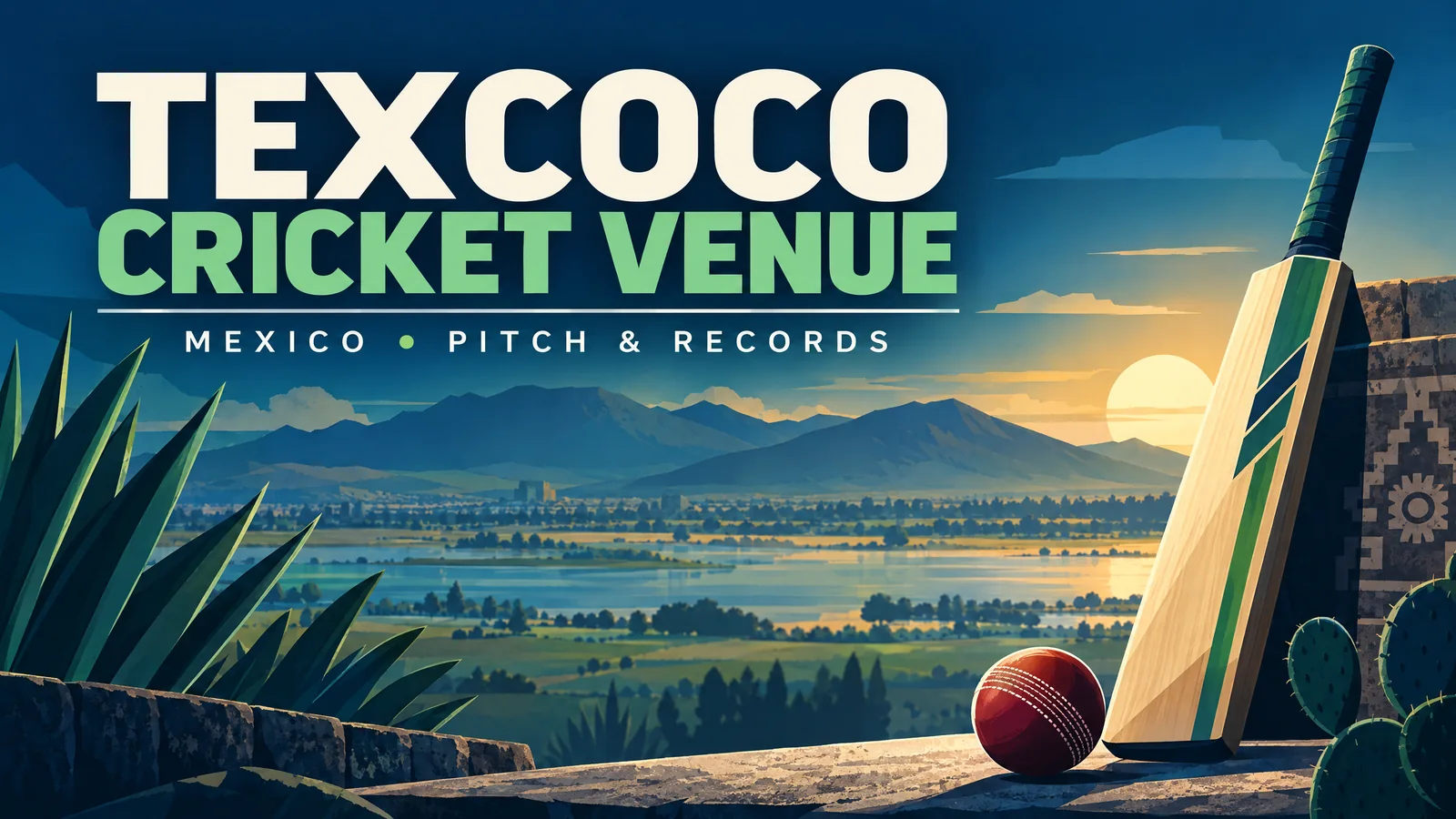 Original cricket-themed conceptual cover for the Texcoco venue, not a photograph of the venue