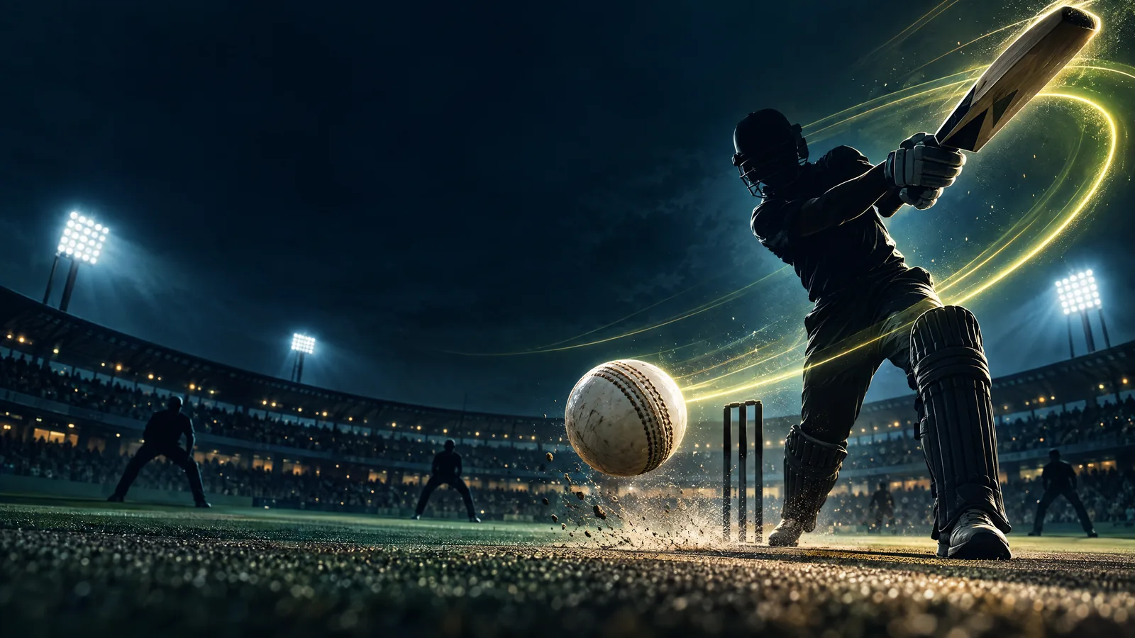 Original illustration of an anonymous batter striking a cricket ball under floodlights