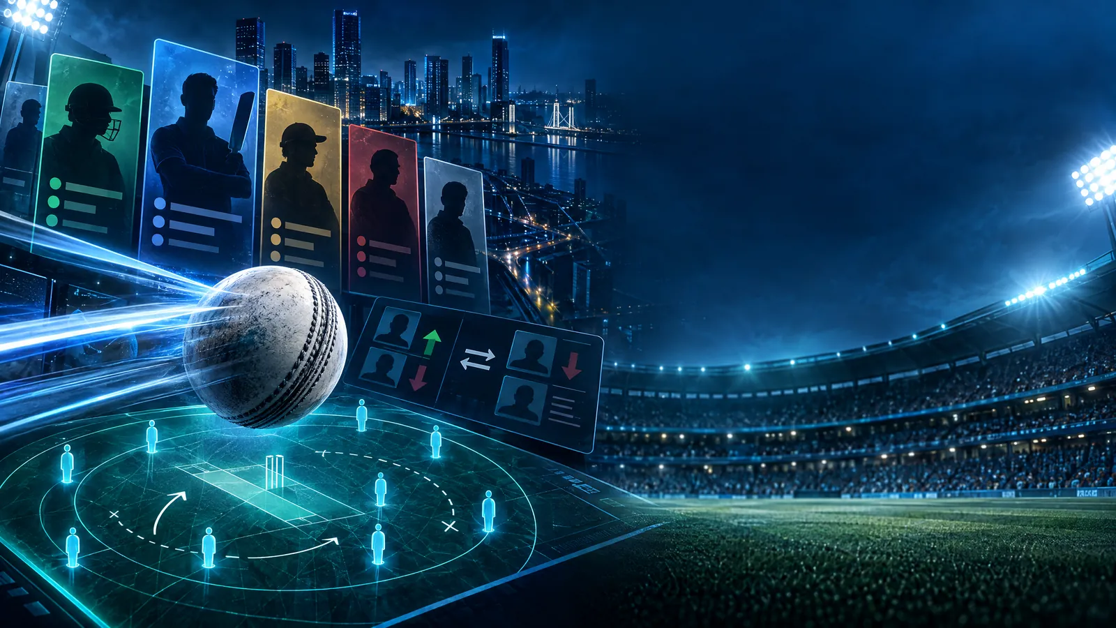 Illustration of a Lucknow Super Giants cricket squad board with bat, ball and player role cards