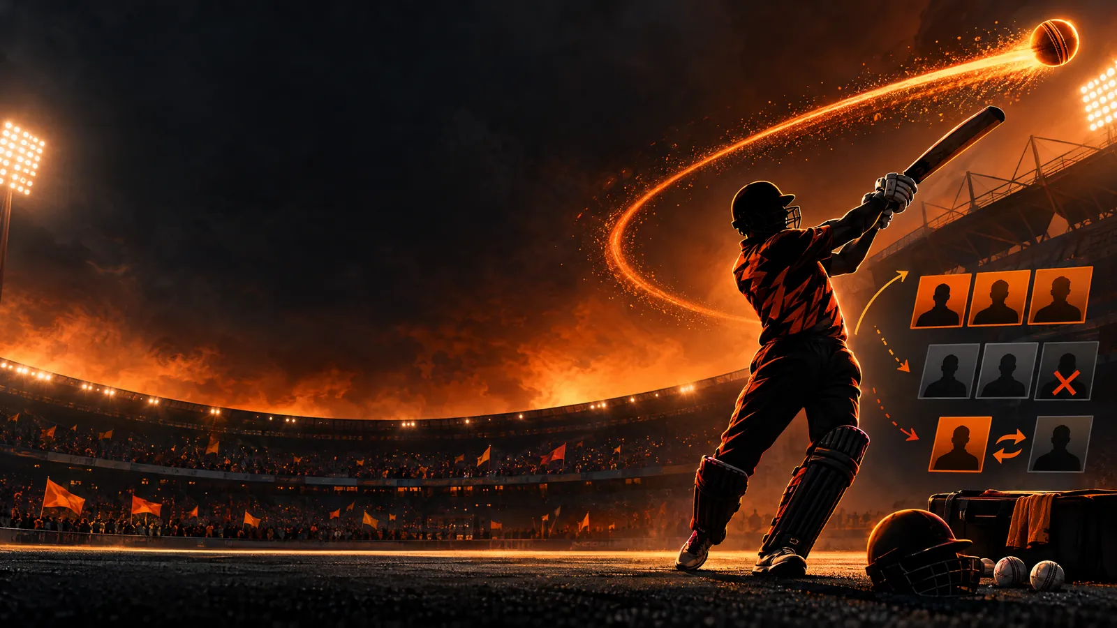 Illustration of a Sunrisers Hyderabad batting and bowling planning board for the IPL 2027 auction